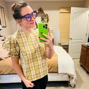 BURU Yellow Plaid Puff sleeve top
